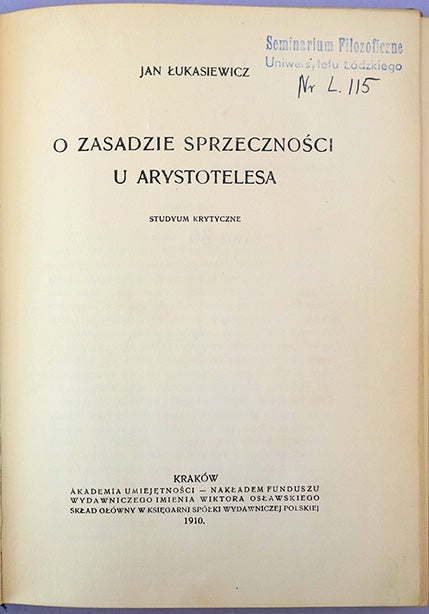 Book Id: 44095 O zasadzie sprzecznosci u Arystotelesa. Jan Lukasiewicz.