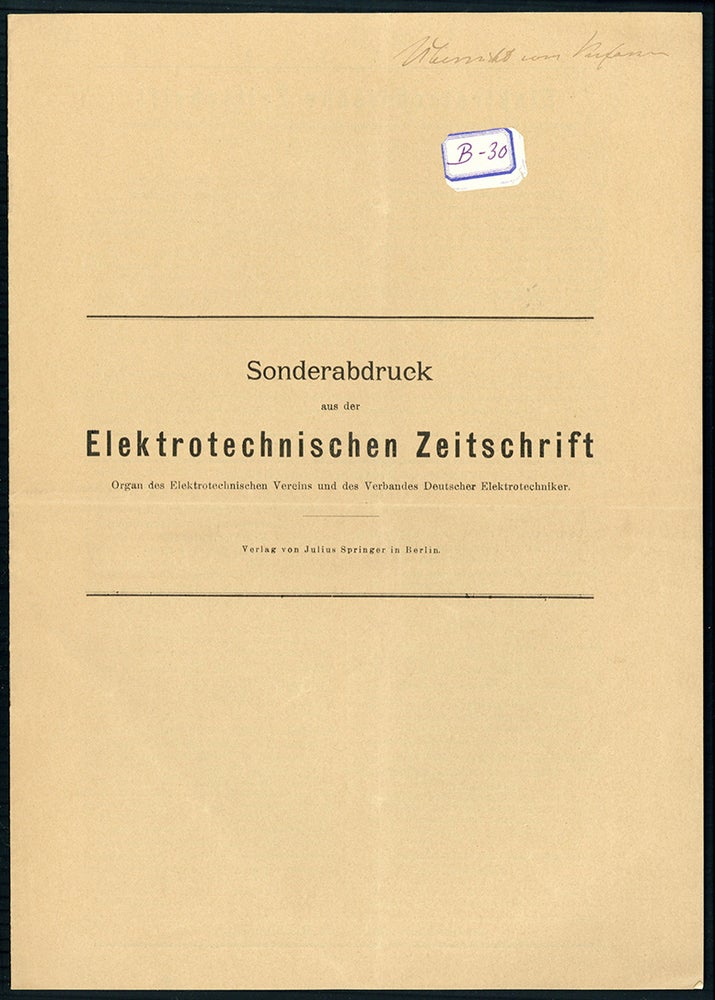 Book Id: 44400 Über die Versuche mit Bildtelegraphie zwischen München und Berlin vom 15. April bis 15. mai 1907. Offprint. Arthur Korn.