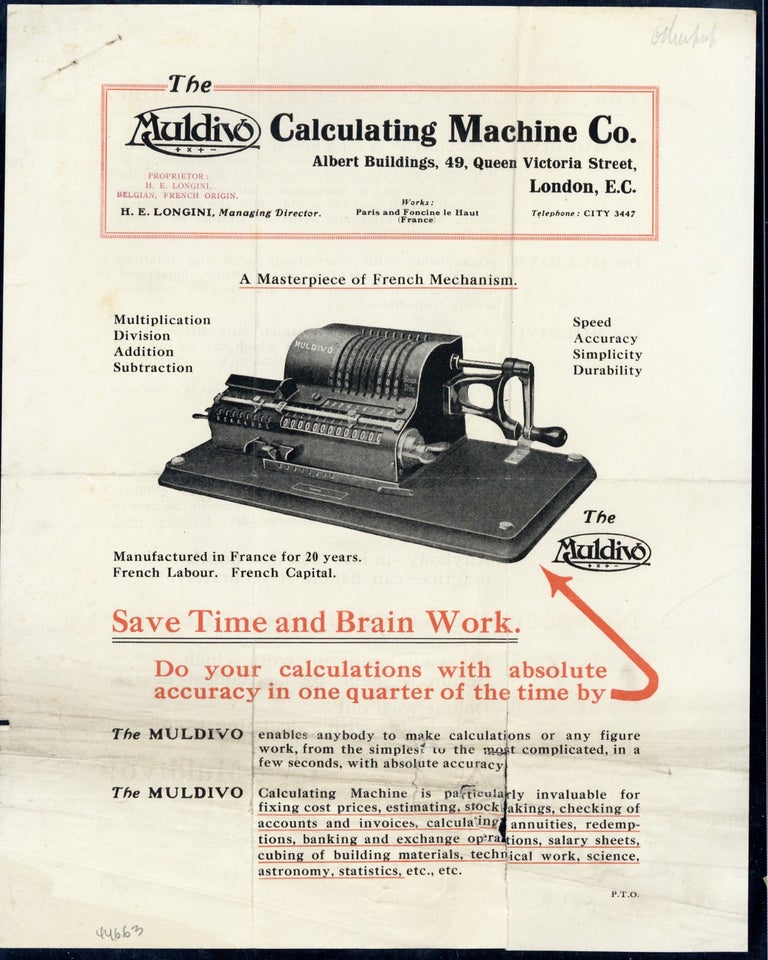 Book Id: 44663 A masterpiece of French mechanism. Muldivo Calculating Machine Company.