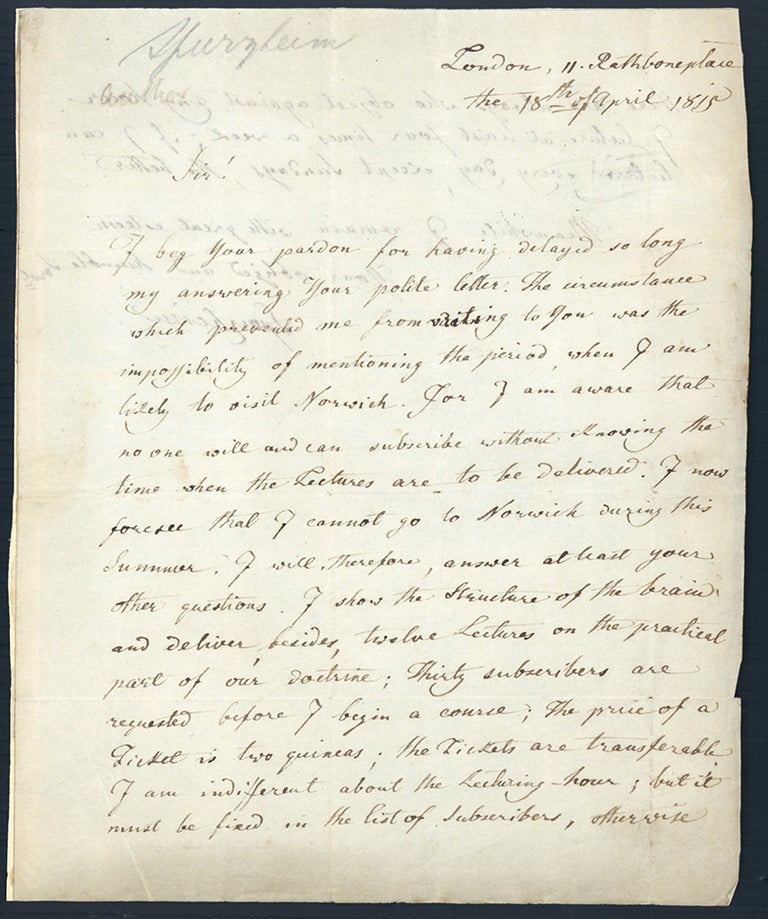 Book Id: 45033 Autograph letter signed to Thos. Martineau Jr. Johann Gaspar Spurzheim.