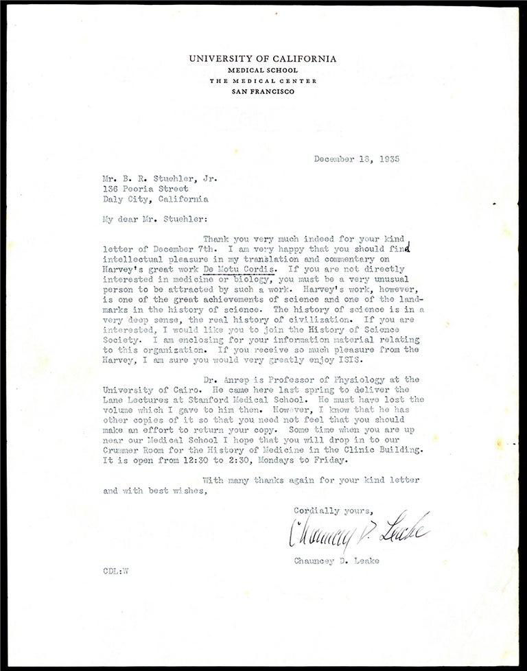 Book Id: 45136 Typed letter signed to B. Richard Stuehler. Chauncey D. Leake.