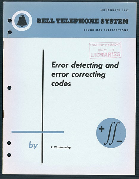 Book Id: 45224 Error detecting and error correcting codes. Offprint. R. W. Hamming.