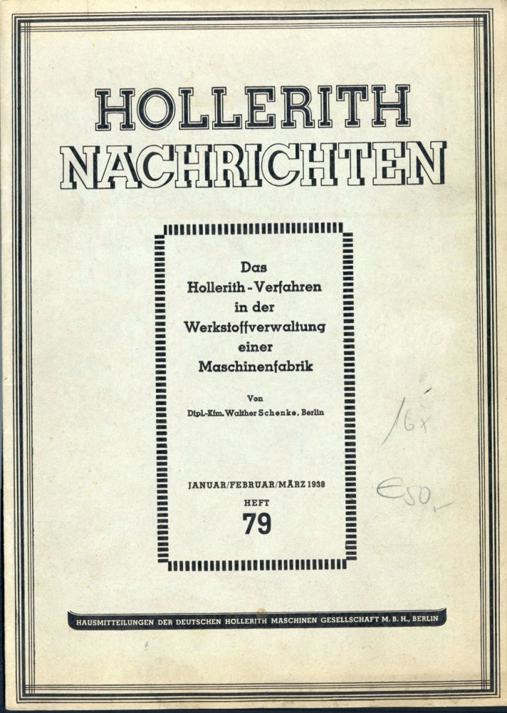 Book Id: 45260 Das Hollerith-Verfahren in der Werkstoffverwaltung einer Maschinenfabrik. Deutsche Hollerith Maschinen Gesellschaft, Walther Schenke.