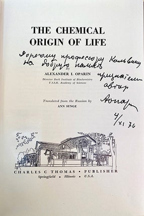 Collection of 11 books by Oparin, together with the festschrift issued in honor of Oparin’s 80th birthday. From the library of Melvin Calvin