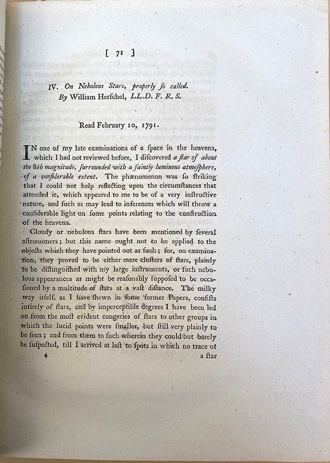 Book Id: 45511 Observations on certain horny excrescences of the human body / On nebulous stars properly so called. In Philosophical Transactions 81 (1791). Everard Home, William Herschel.