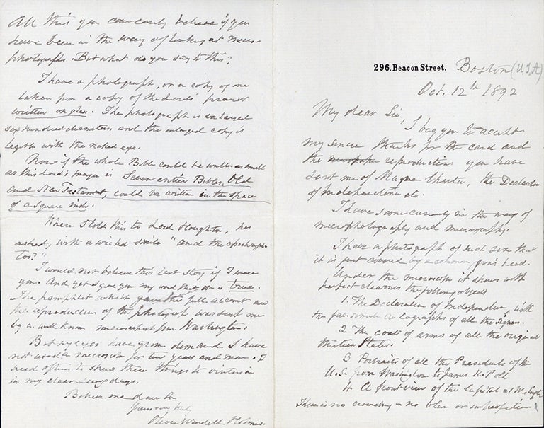 Book Id: 45670 Autograph letter signed re micrography. In folding case. Oliver Wendell Holmes.