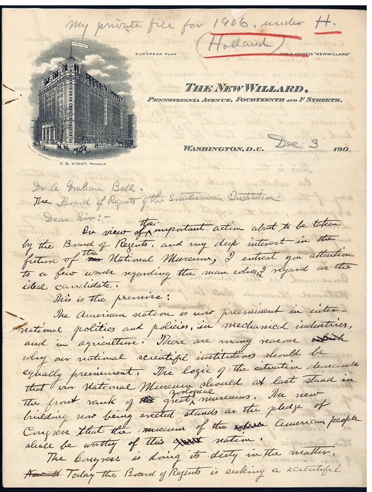 Book Id: 46172 Autograph draft of letter to Alexander Graham Bell. William T. Hornaday.