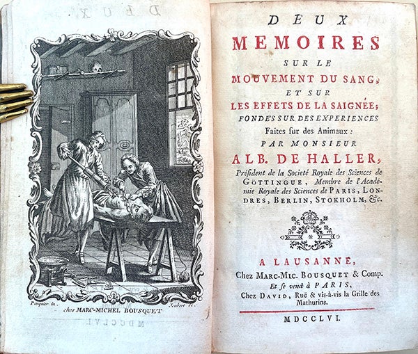 Book Id: 46284 Deux mémoires sur le mouvement du sang et sur les effets de la saignée. Presented to W. W. Fletcher by Osler. Albrecht Haller.