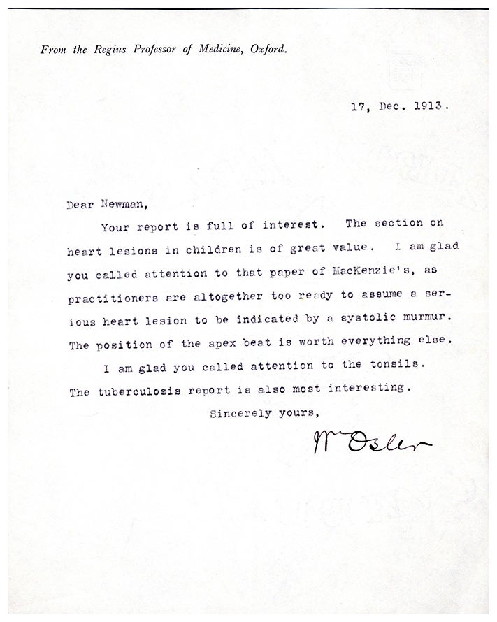 Book Id: 46288 Typed letter signed to [Sir George] Newman. William Osler.