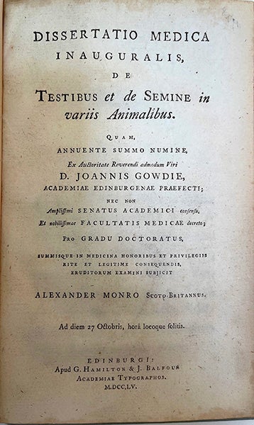 Book Id: 46291 Dissertatio medica inauguralis, de testibus et de semine in variis animalibus. Alexander Monro.