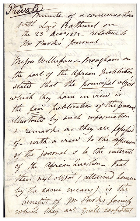 Book Id: 46407 Minute of a conversation with Lord Bathurst . . . relative to Mr Park's Journal. Document in an unidentified hand. Mungo Park.