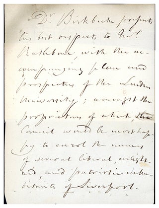 Book Id: 46408 Autograph letter signed to William Rathbone. George Birkbeck