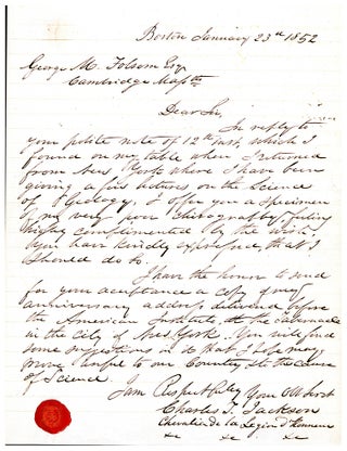 Book Id: 46451 Autograph letter signed to George M. Folsom. Charles T. Jackson
