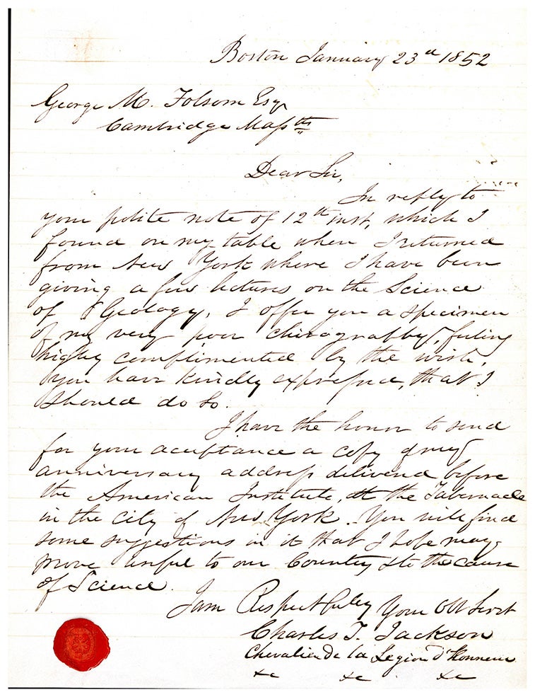 Book Id: 46451 Autograph letter signed to George M. Folsom. Charles T. Jackson.