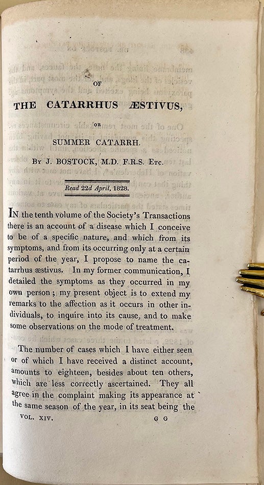 Book Id: 48854 Of the catarrhus aestivus, or summer catarrh. In Medico-Chirurgical Transactions vol. 14: 437-446. Garrison-Morton.com 2583. John Bostock.