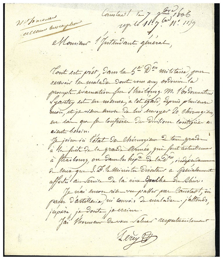Book Id: 48908 Autograph letter signed to "l'Intendant général" [Claude Louis Petiet], plus portrait. Pierre François Percy.