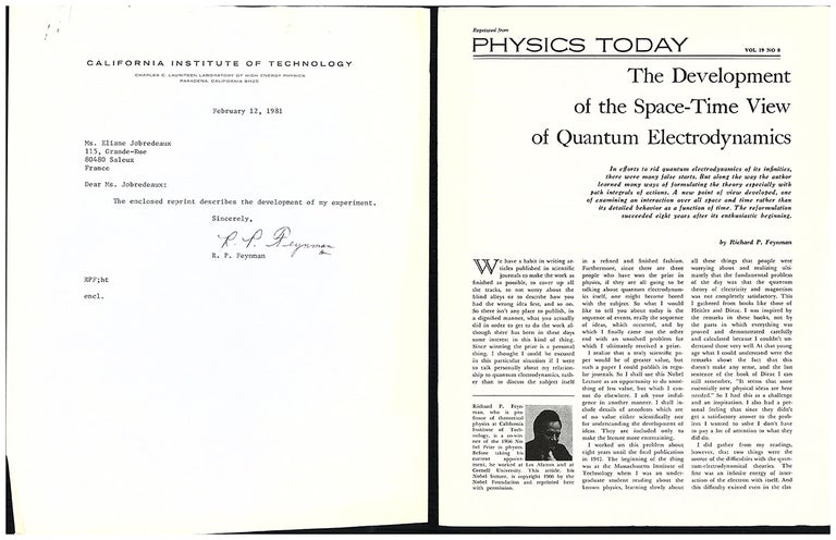 Book Id: 50226 The development of the space-time view of quantum electrodynamics. Offprint. With Typed letter signed in Feynman's name by his secretary, with cover. Richard Feynman.