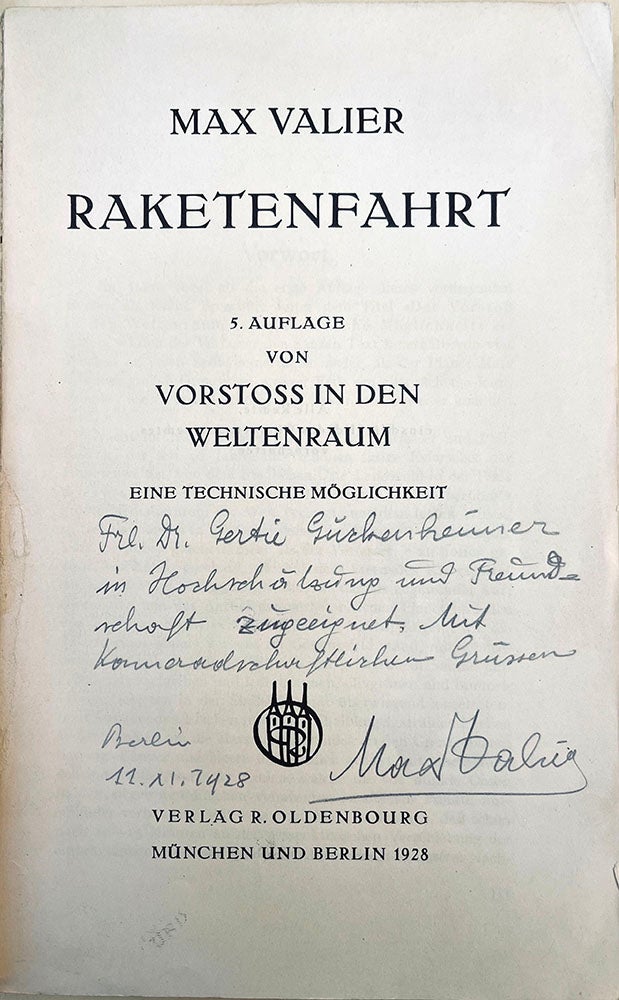 Book Id: 50268 Raketenfahrt. 5th ed. Presentation copy (soft covers). Max Valier.