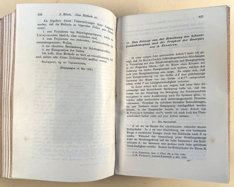 Book Id: 50414 (1) Theorie der lichterzeugung und lichtabsorption; (2) Prinzip von der erhaltung der schwerpunktsbewegung und die tragheit der energiein. In Annalen der Physik 20 (1906)-- Two landmark papers. Albert Einstein.