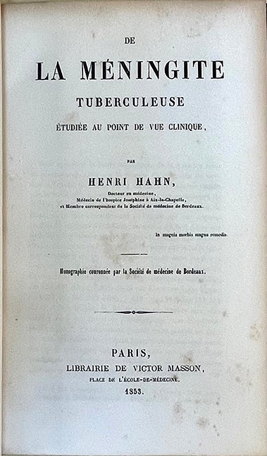 Book Id: 50747 De la méningite tuberculeuse étudiée au point de vue clinique. P. Ricord copy. Henri Hahn.