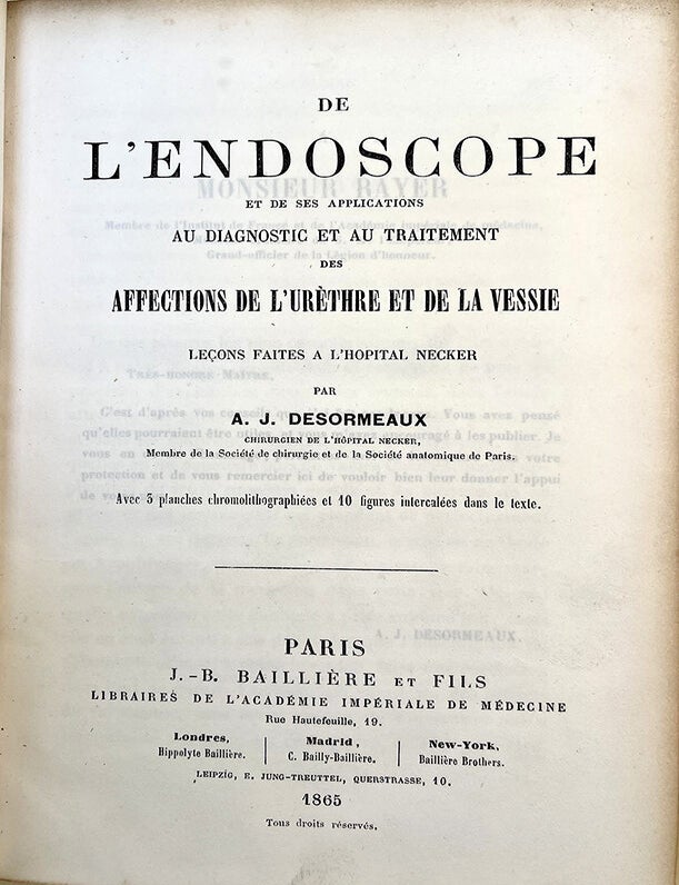 Book Id: 50780 De l'endoscope et de ses applications au diagnostic + 5 other titles, 2 insc. to P. Ricord. Antonin Jean Desormeaux, C. M. Timol&eacute;on Dodeuil, Fauconneau-Dufresne, L. Aug. Mercier, Ignacio R. da Costa Duarte.