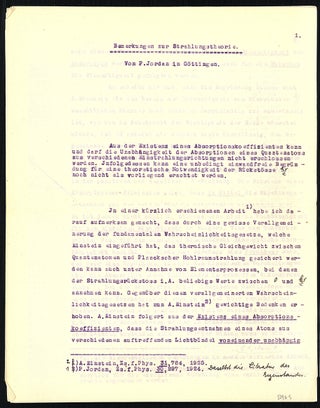 Book Id: 50965 Bemerkungen zur Strahlungstheorie. Typescript with manuscript...