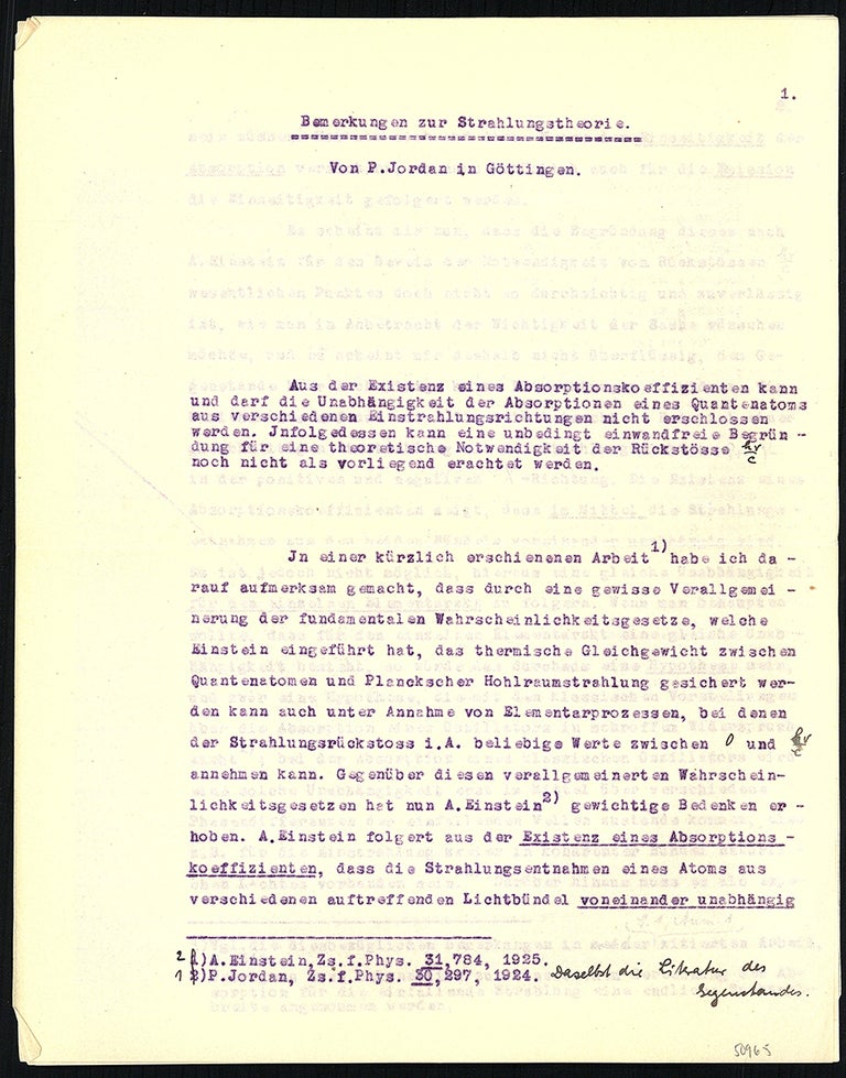 Book Id: 50965 Bemerkungen zur Strahlungstheorie. Typescript with manuscript additions. Pascual Jordan.