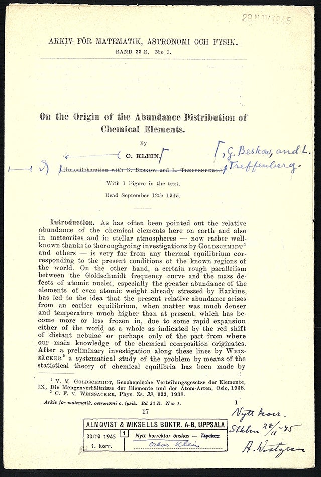Book Id: 50996 On the origin of the abundance distribution of chemical elements. Corrected galley proofs. Oskar Klein.
