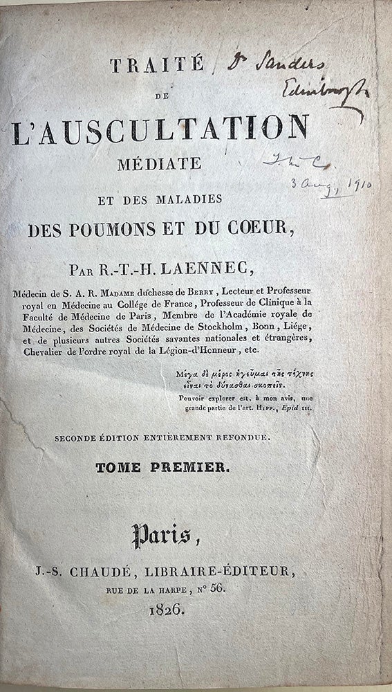 Book Id: 51403 Traité de l'auscultation médiate ou traité diagnostic des maladies des poumons et du coeur. 2nd ed. 2 vols. René-Théophile-Hyacinthe Laennec.