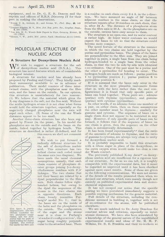 Book Id: 51408 Molecular structure of nucleic acids; Helical structure of crystalline deoxyribose nucleic acid; General nature of the genetic code for proteins. 3 papers; in / extracted from Nature. James D. Watson, Francis Crick.