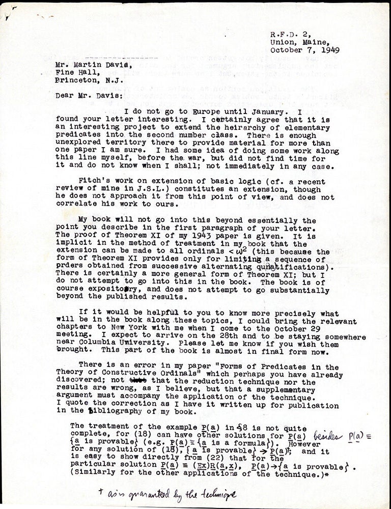 Book Id: 51655 Autograph letter signed to Martin Davis. Stephen Kleene.