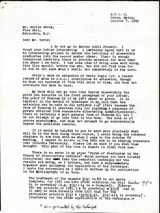 Autograph letter signed to Martin Davis. Stephen Kleene.