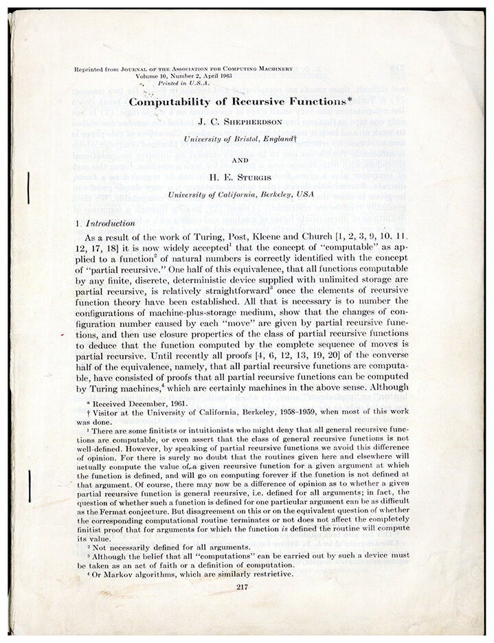 Book Id: 51674 Computabiity of recursive functions. Offprint. John Shepherdson, H. E. Sturgis.