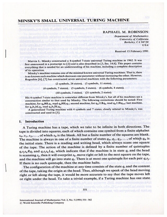 Minsky's small universal Turing machine. Offprint | Raphael M. Robinson