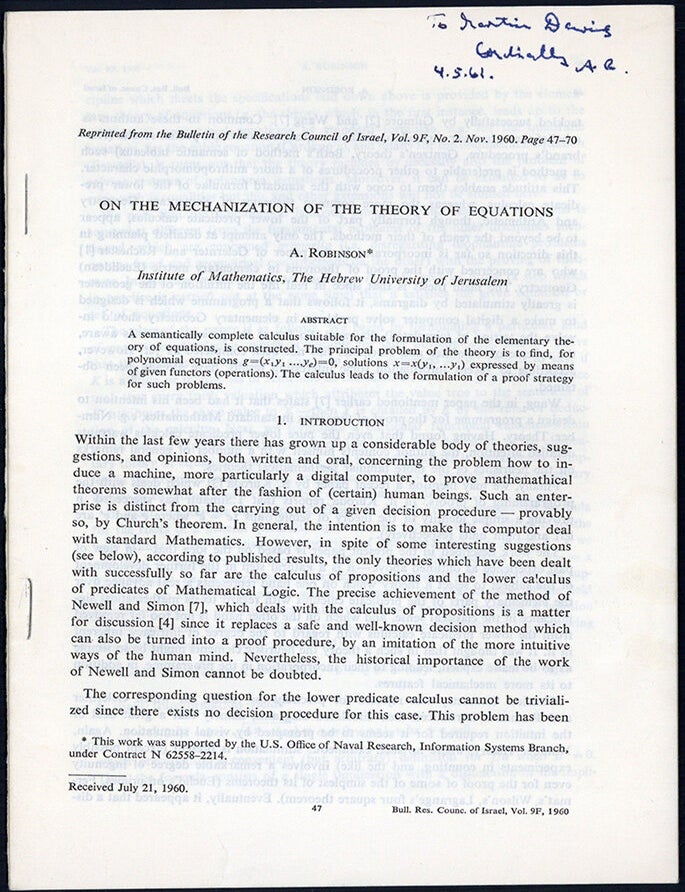 Book Id: 51685 On the mechanization of the theory of equations. Offprint. Inscribed to Martin Davis. Abraham Robinson.