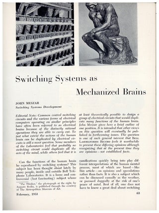 Switching systems as mechanized brains. In Bell Laboratories Record 31, pp. 63-69. John Meszar.
